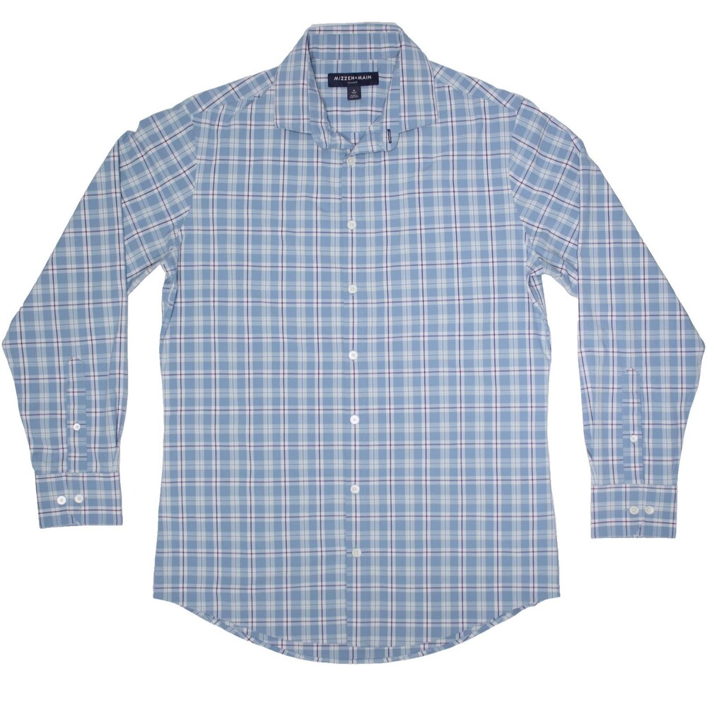 Mizzen + Main Leeward Stretch Button Down Shirt Blue Plaid Trim Fit Men M (A9)